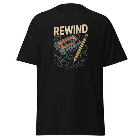 Black t-shirt with 'REWIND' graphic design featuring a cassette tape and pencil on a white background