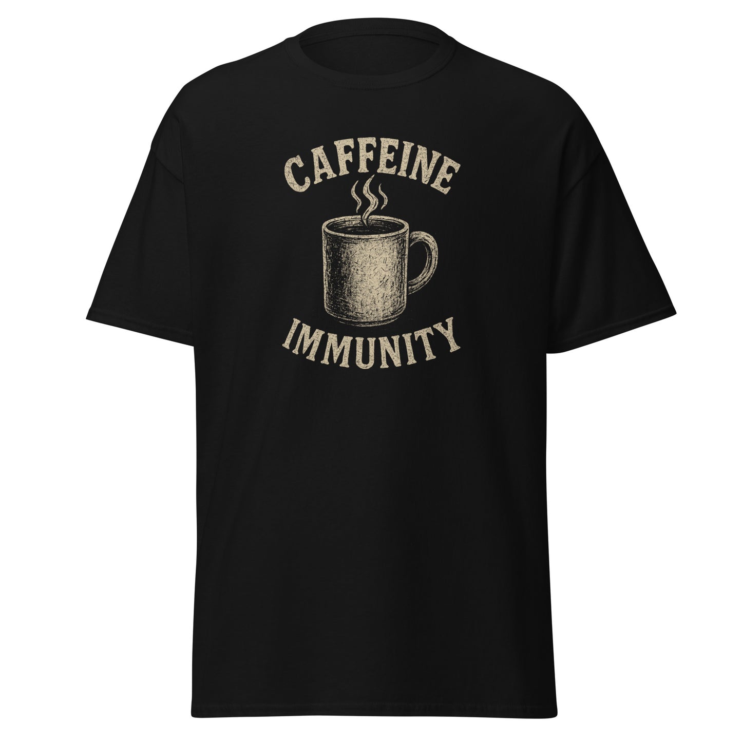 Black unisex t-shirt with bold sarcastic slogan Caffein Immunity referencing coffee addicts and sleep deprivation