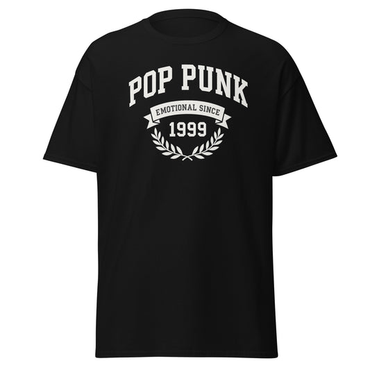 Black t-shirt with 'Pop Punk Emotional Since 1999' text on a white background