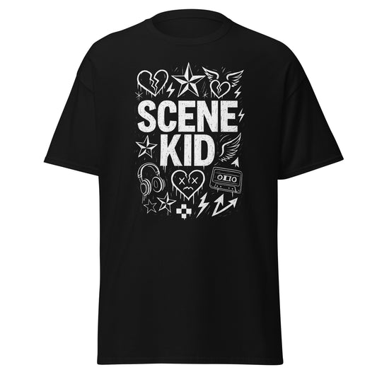 Black t-shirt with 'SCENE KID' graphic design on a white background