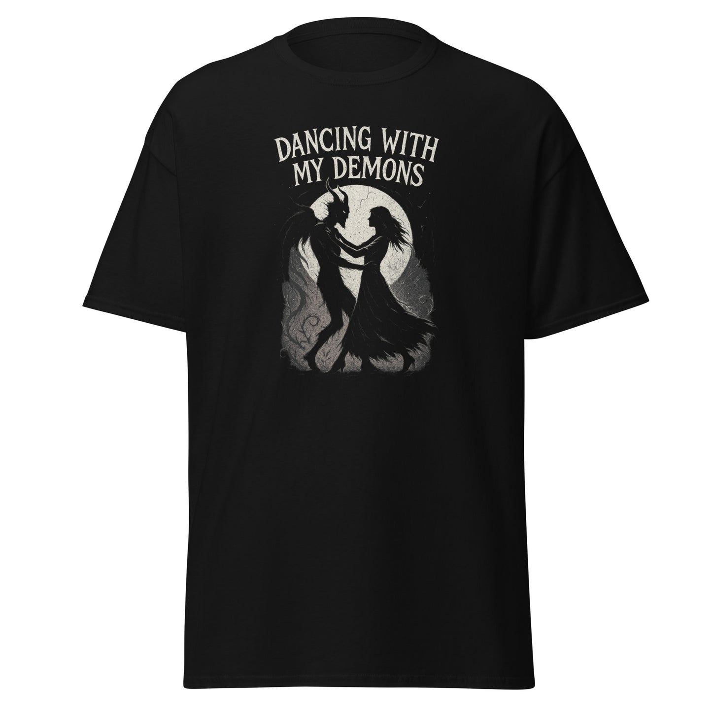 Black t-shirt with 'Dancing with My Demons' graphic and text on a white background