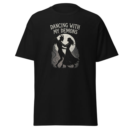 Black t-shirt with 'Dancing with My Demons' graphic and text on a white background