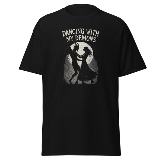 Black t-shirt with 'Dancing with My Demons' graphic and text on a white background