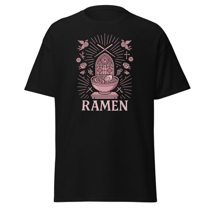 Black t-shirt with pink ramen bowl graphic and 'RAMEN' text on a white background