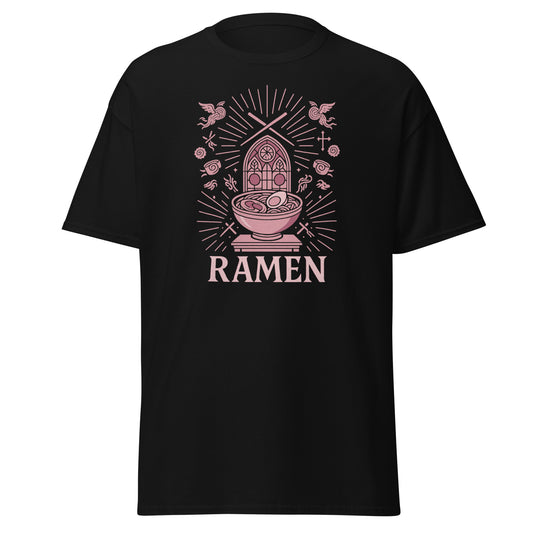 Black t-shirt with pink ramen bowl graphic and 'RAMEN' text on a white background