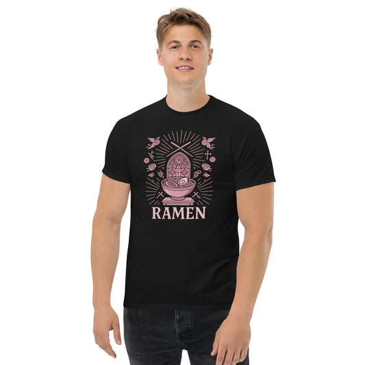Person wearing a black t-shirt with a 'Ramen' graphic design on a white background