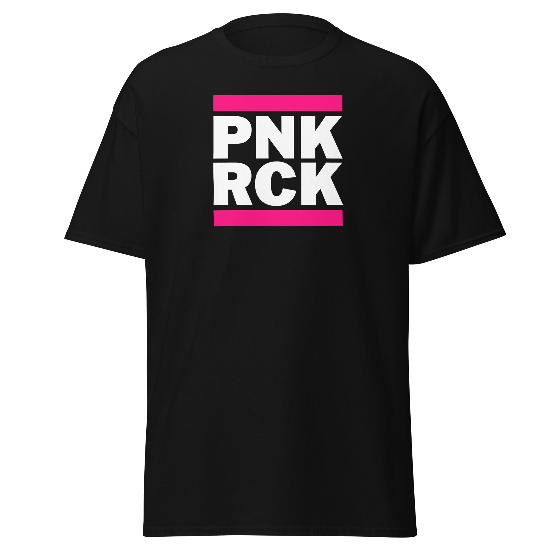 Black t-shirt with 'PNK RCK' text in pink and white on a white background