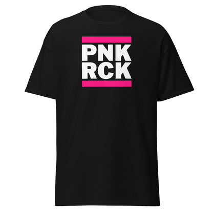 Black t-shirt with 'PNK RCK' text in pink and white on a white background