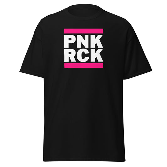 Black t-shirt with 'PNK RCK' text in pink and white on a white background