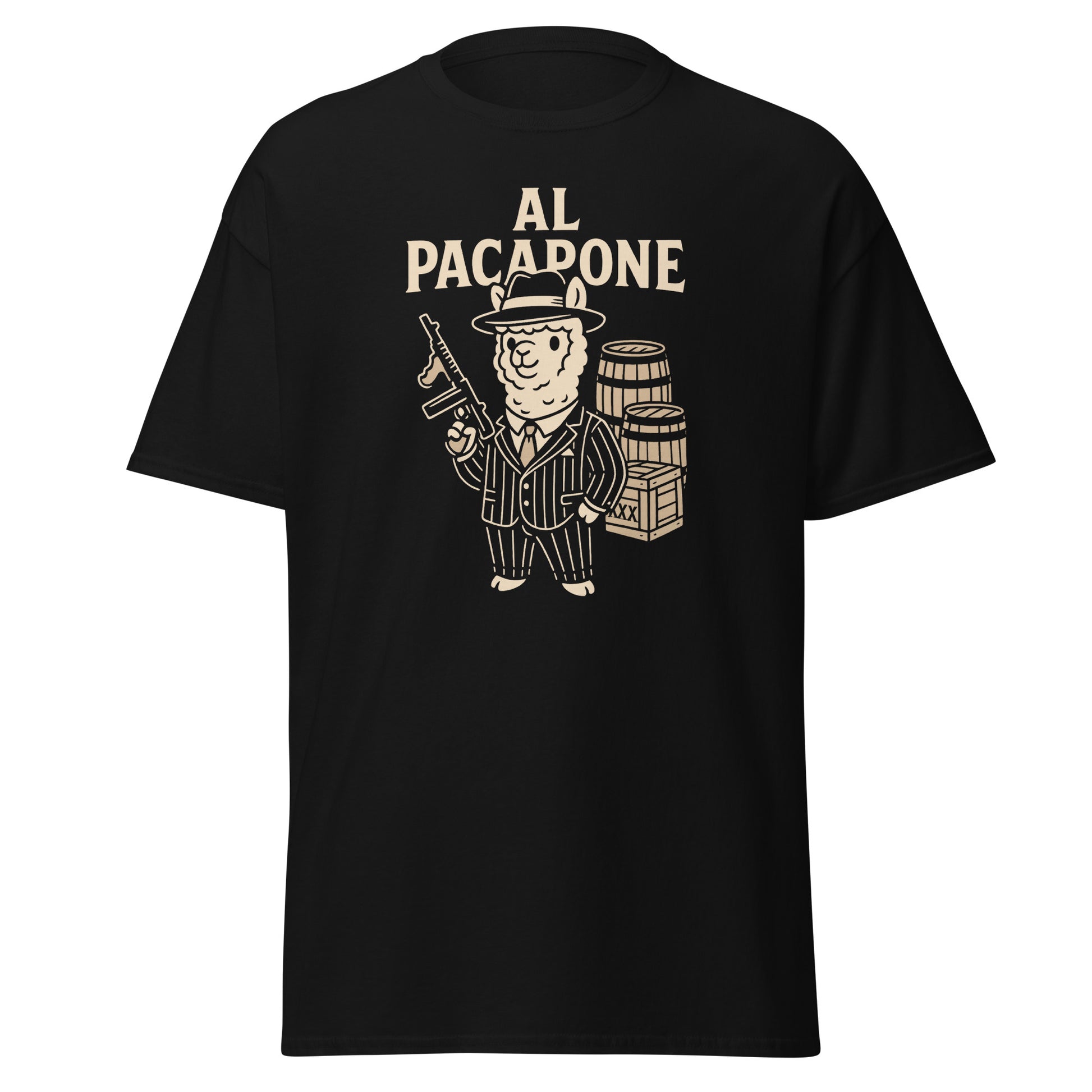 Black t-shirt with a graphic of a bear in a suit and hat holding a gun, with 'Al Pacapone' text above.