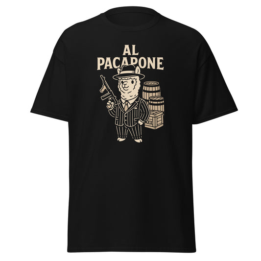 Black t-shirt with a graphic of a bear in a suit and hat holding a gun, with 'Al Pacapone' text above.