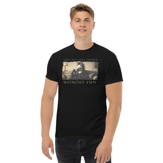 Man wearing a black t-shirt with graphic design and text on a white background