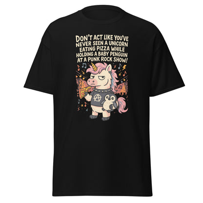 Black t-shirt with a unicorn and penguin graphic and text on a white background