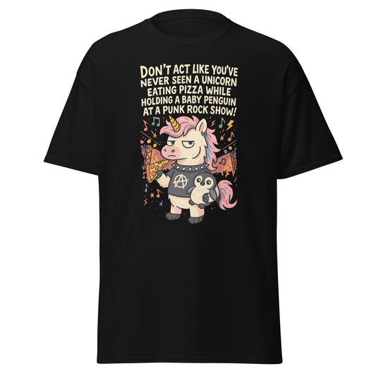 Black t-shirt with a unicorn and penguin graphic and text on a white background