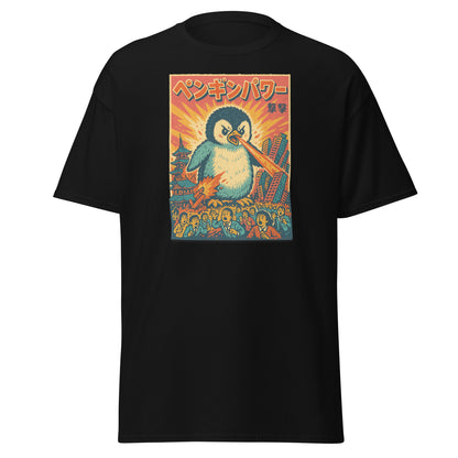 Black t-shirt with a colorful penguin graphic on a white background