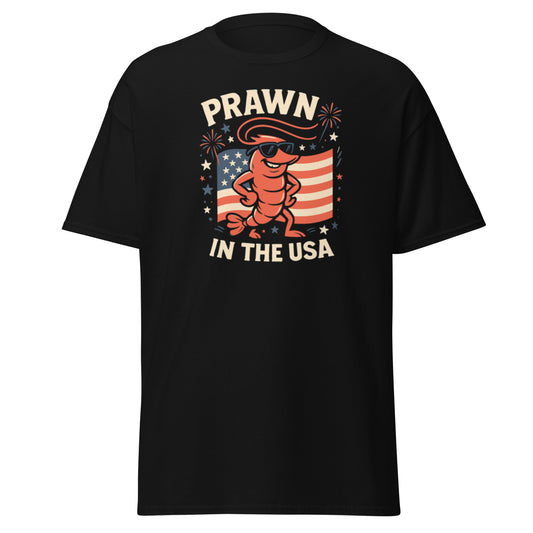 Black t-shirt with a prawn graphic and 'Prawn in the USA' text on a white background