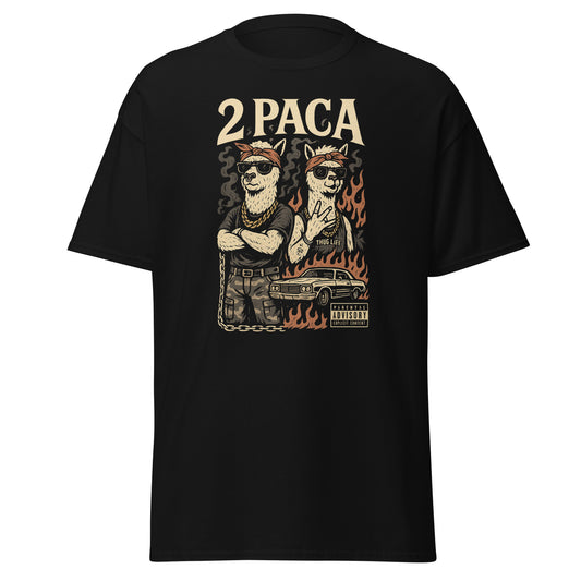 Black t-shirt with graphic design featuring '2PACA' on a white background