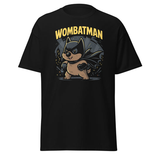 Black t-shirt with a cartoon wombat in a superhero costume and 'WOMBATMAN' text on a white background.