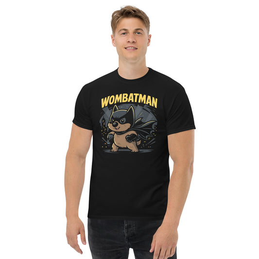 Person wearing a black t-shirt with 'WOMBATMAN' graphic design on a white background