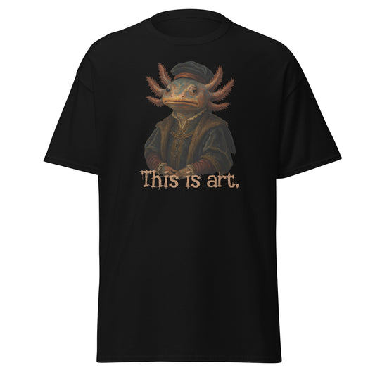 Black t-shirt with a graphic of a creature and 'This is art.' text on a white background