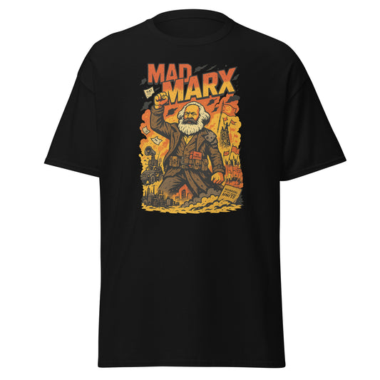 Black t-shirt with a graphic of a historical figure and 'Mad Marx' text on a white background