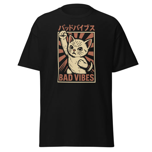 Black t-shirt with a graphic of a cat and 'Bad Vibes' text on a white background