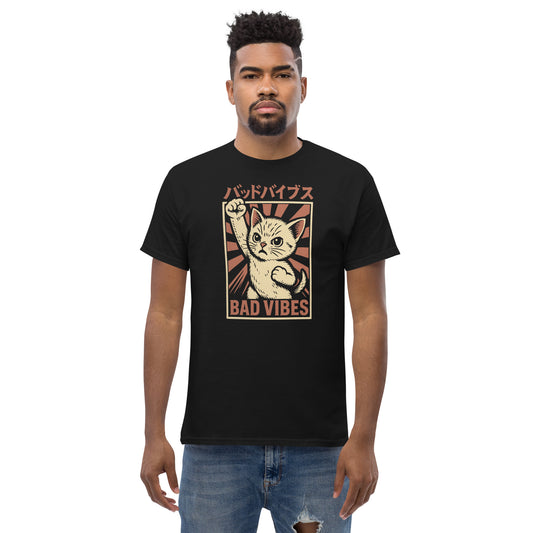 Man wearing a black t-shirt with a cat graphic and 'Bad Vibes' text on a white background