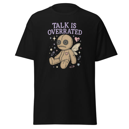 Black t-shirt with a voodoo doll graphic and 'Talk is Overrated' text on a white background