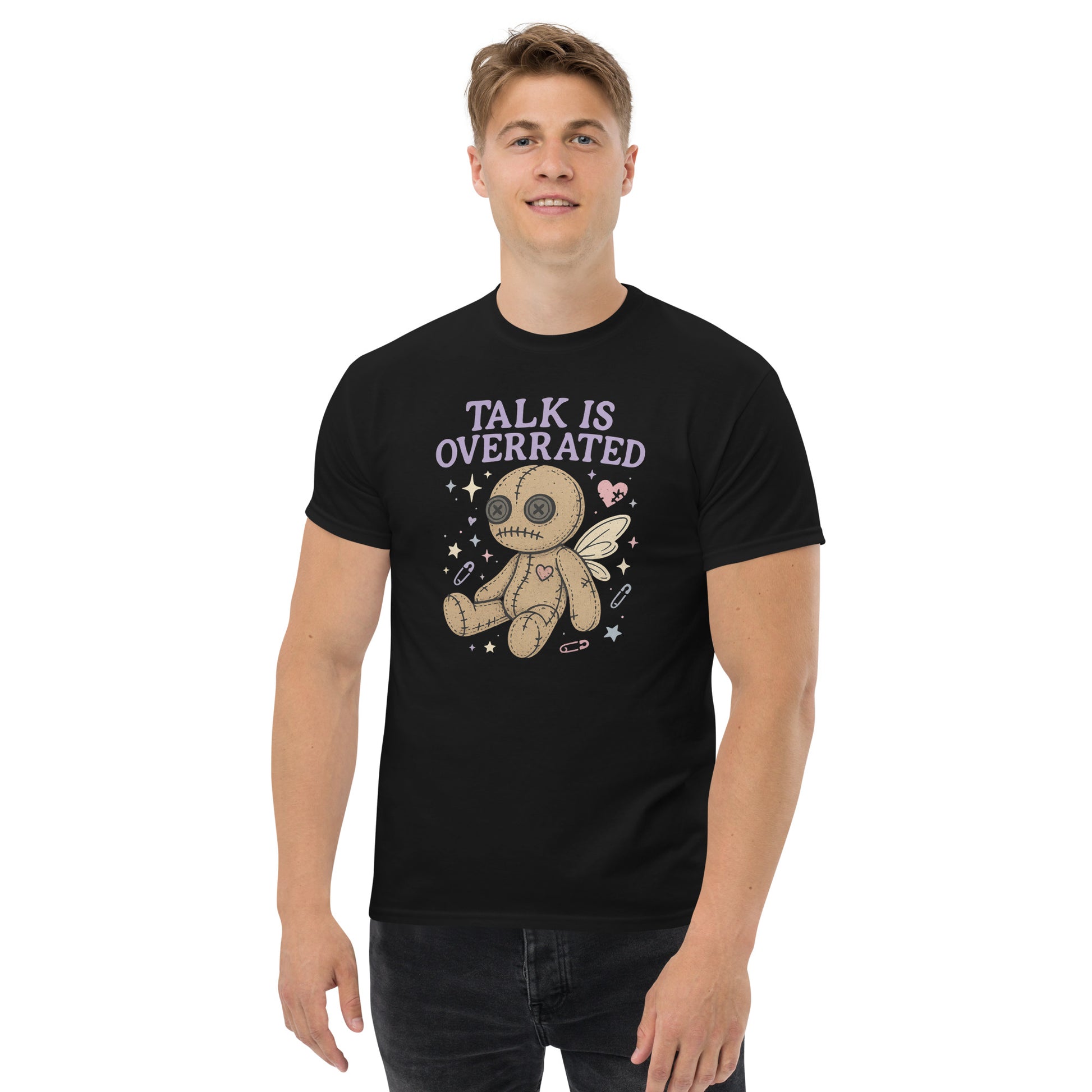 Person wearing a black t-shirt with a graphic design and text on a white background