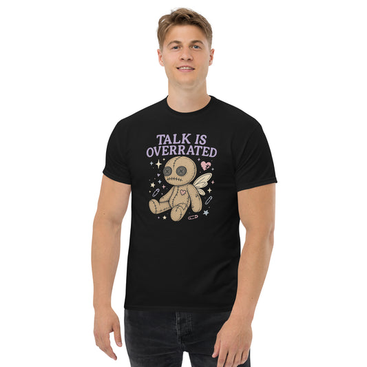 Person wearing a black t-shirt with a graphic design and text on a white background