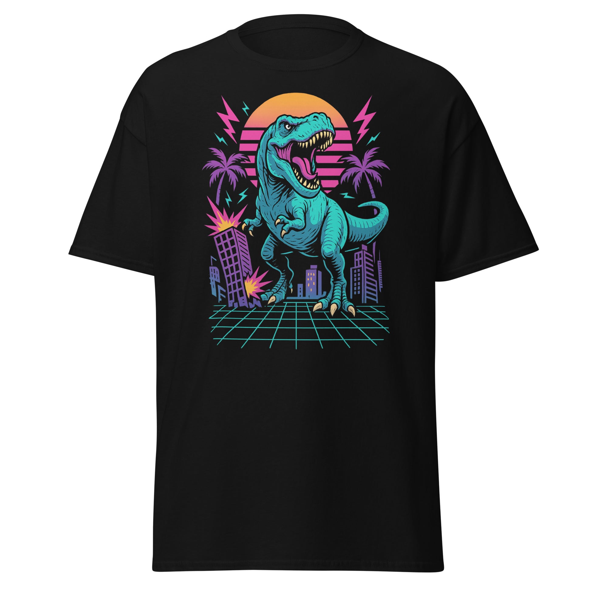 Black t-shirt with a colorful dinosaur graphic on a white background