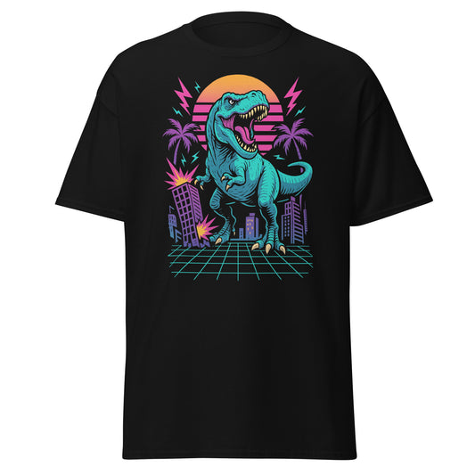 Black t-shirt with a colorful dinosaur graphic on a white background