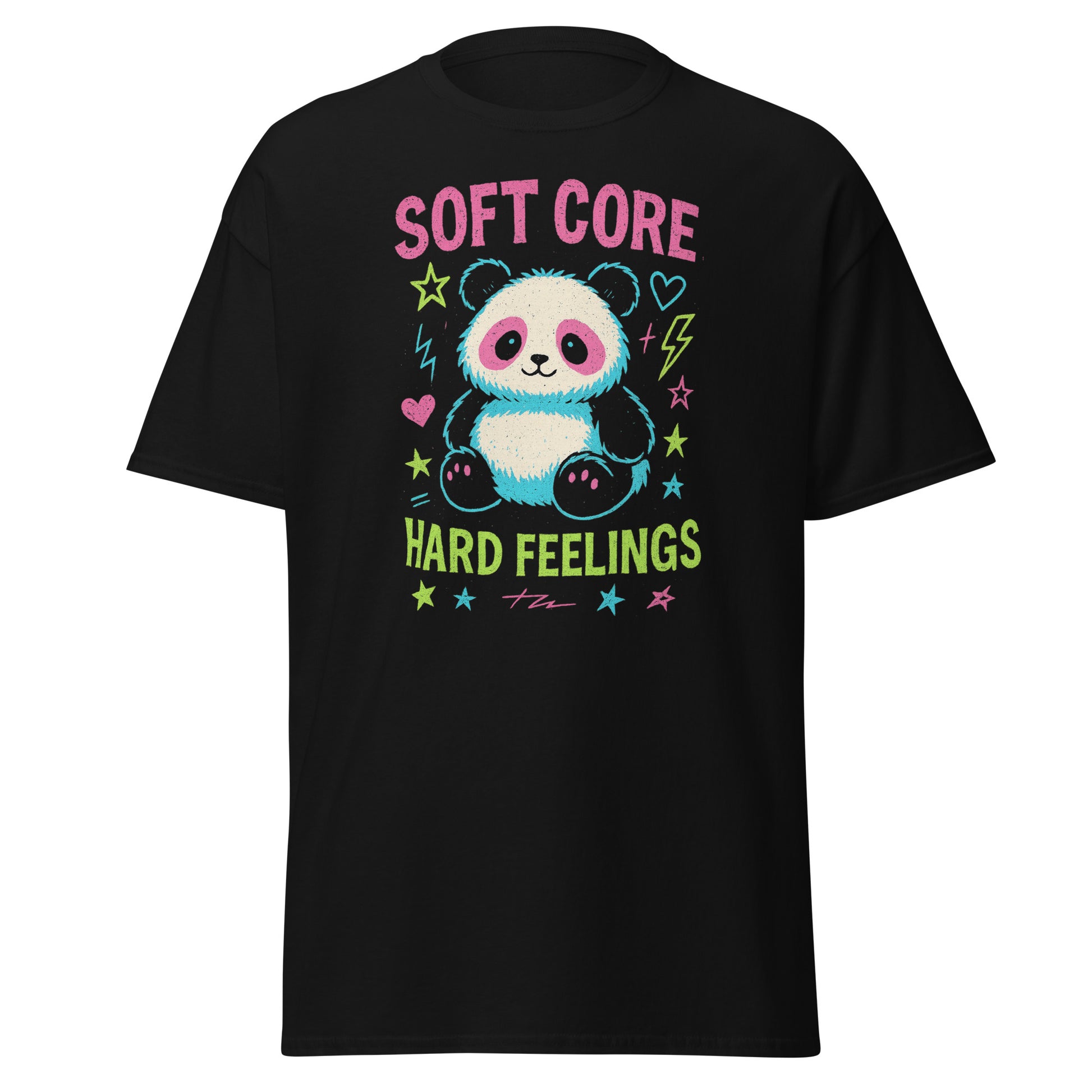 Black t-shirt with a colorful panda graphic and text on a white background