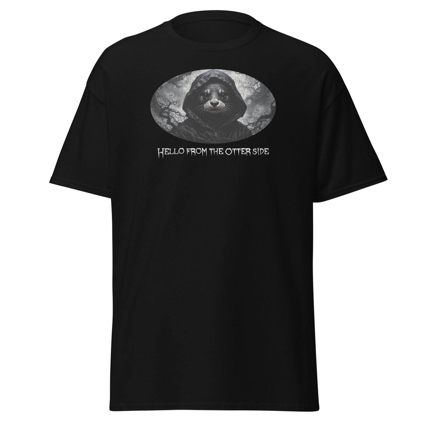 Black t-shirt with graphic of an otter and text 'Hello from the otter side' on a white background