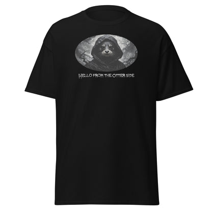 Black t-shirt with graphic of an otter and text 'Hello from the otter side' on a white background