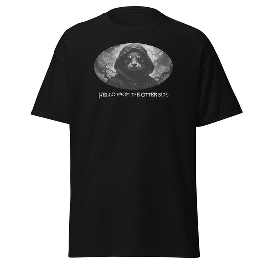 Black t-shirt with graphic of an otter and text 'Hello from the otter side' on a white background