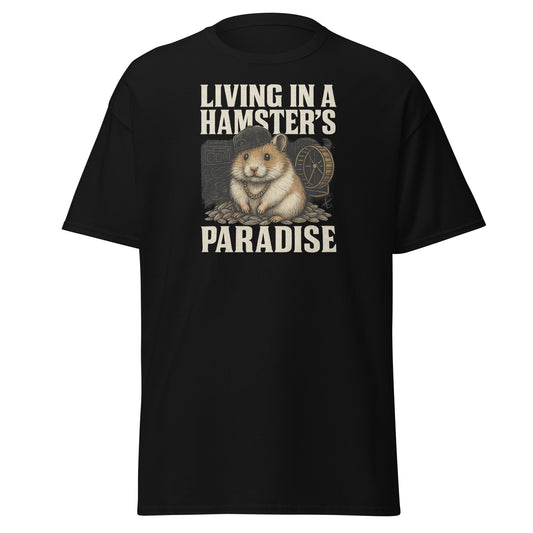 Black t-shirt with a graphic of a hamster and text 'Living in a Hamster's Paradise' on a white background