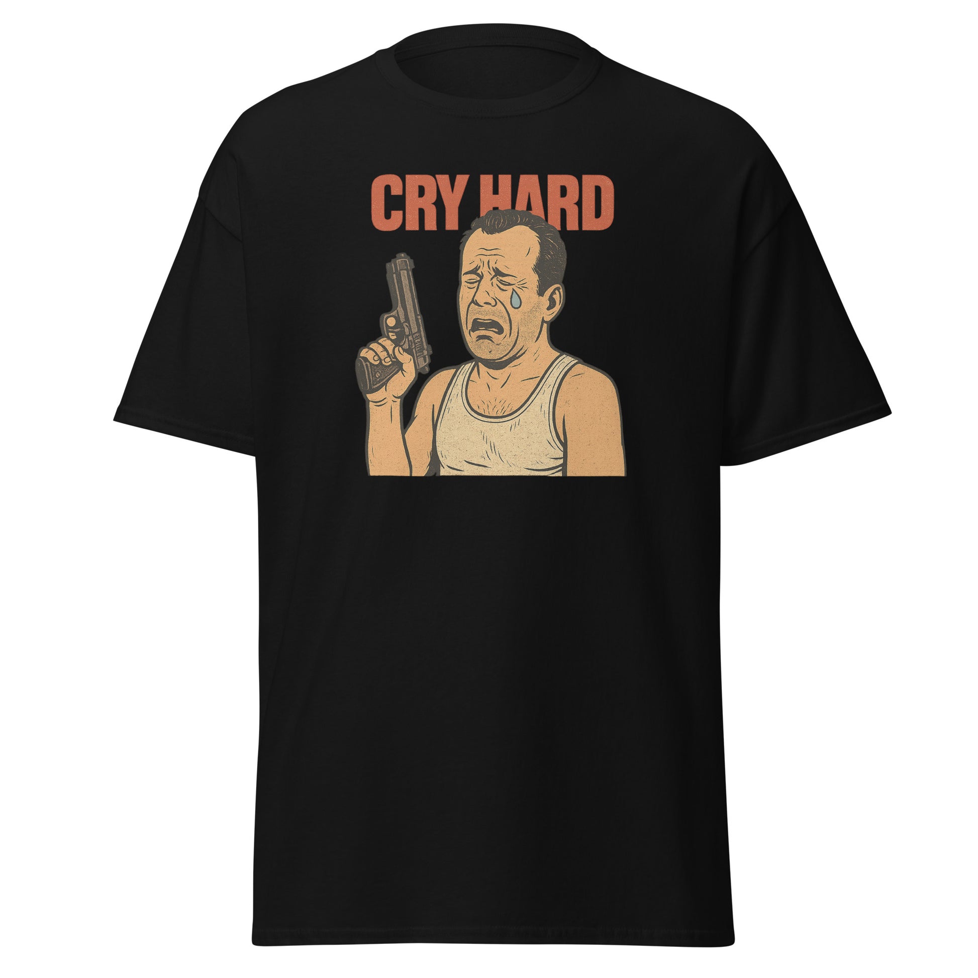 Black t-shirt with graphic of a man holding a gun and text 'Cry Hard' on a white background