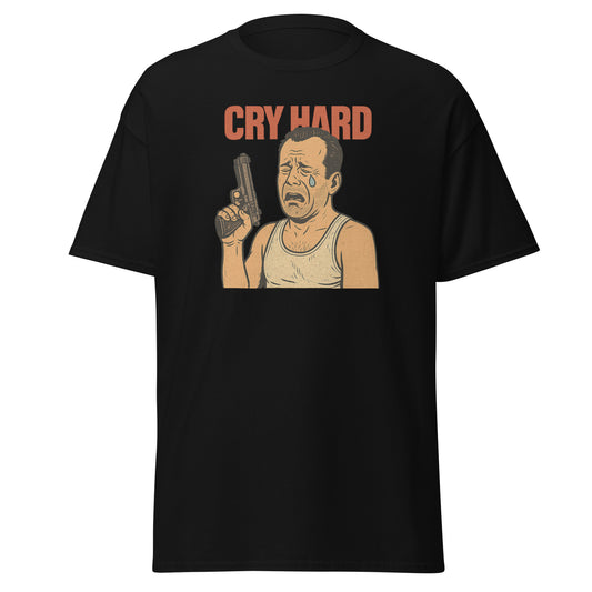 Black t-shirt with graphic of a man holding a gun and text 'Cry Hard' on a white background