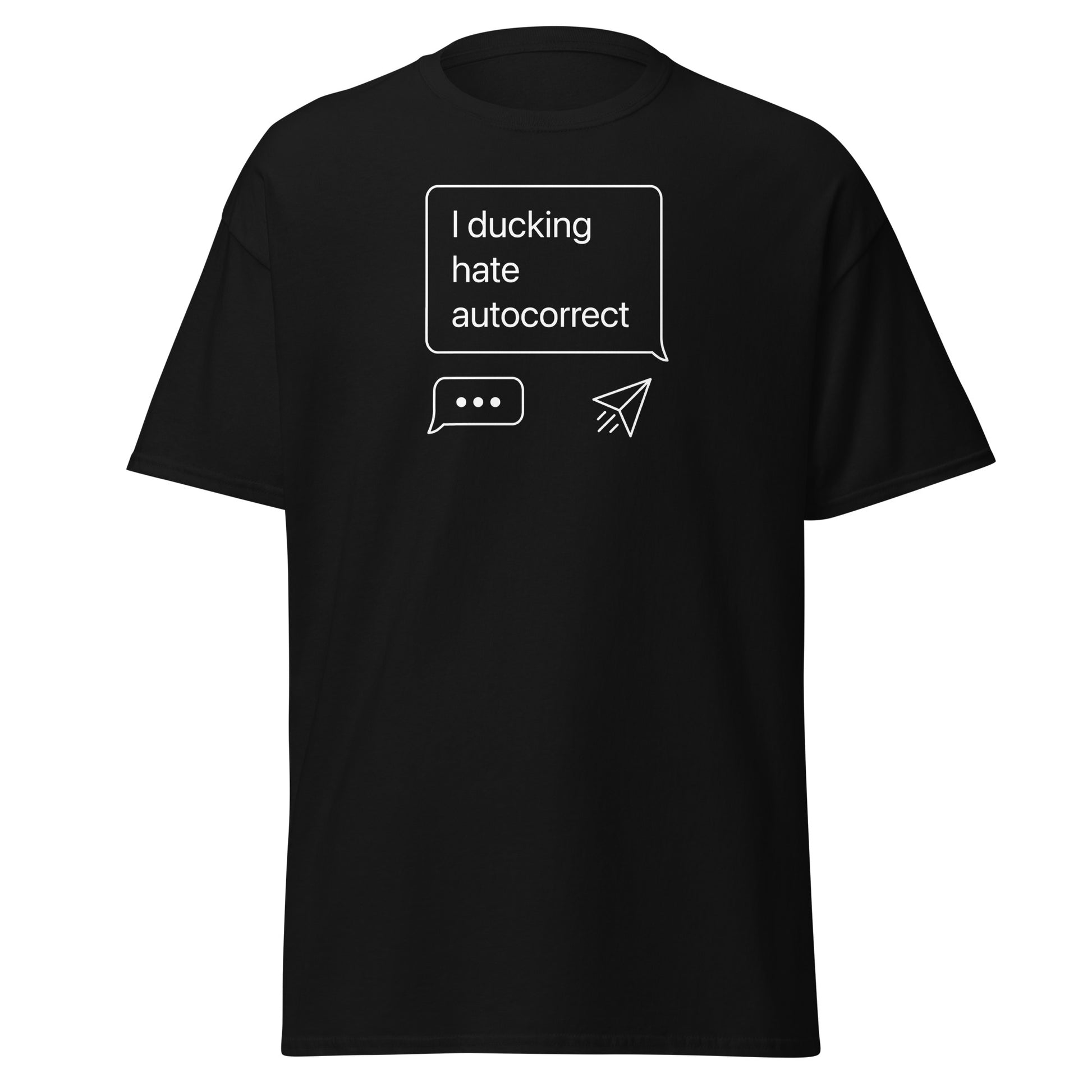 Black t-shirt with white text and graphics on a white background