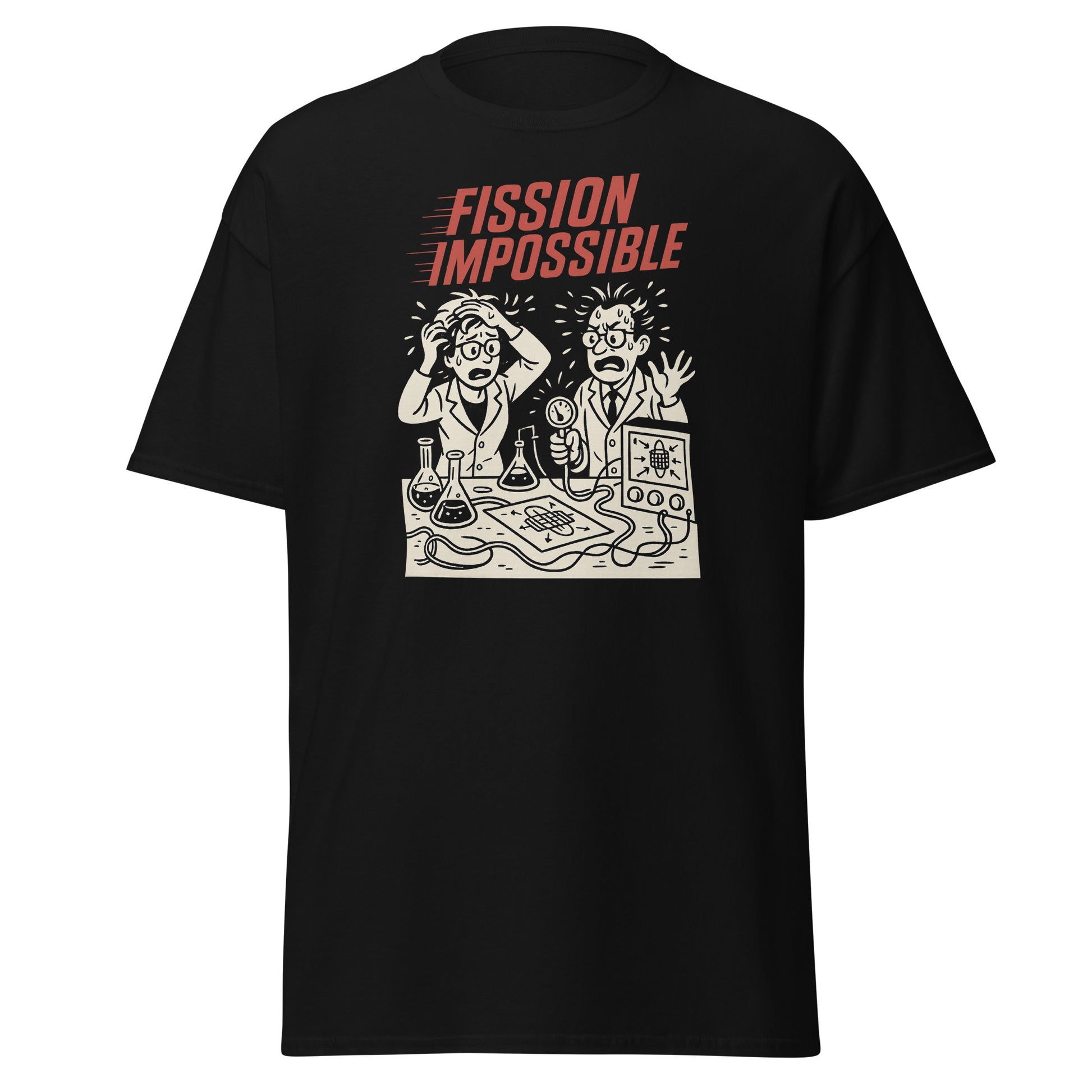 Black t-shirt with a graphic design and text 'FISSION IMPOSSIBLE' on a white background