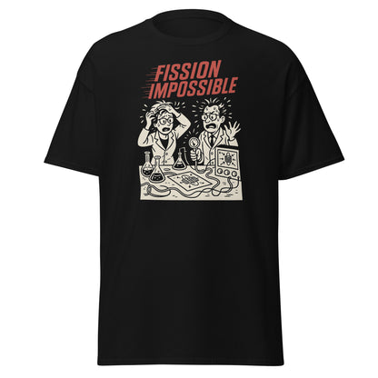 Black t-shirt with a graphic design and text 'FISSION IMPOSSIBLE' on a white background
