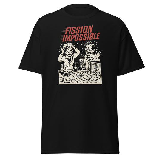 Black t-shirt with a graphic design and text 'FISSION IMPOSSIBLE' on a white background