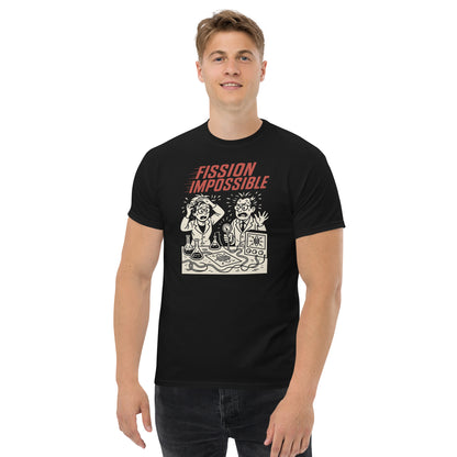 Person wearing a black t-shirt with graphic design and text on a white background