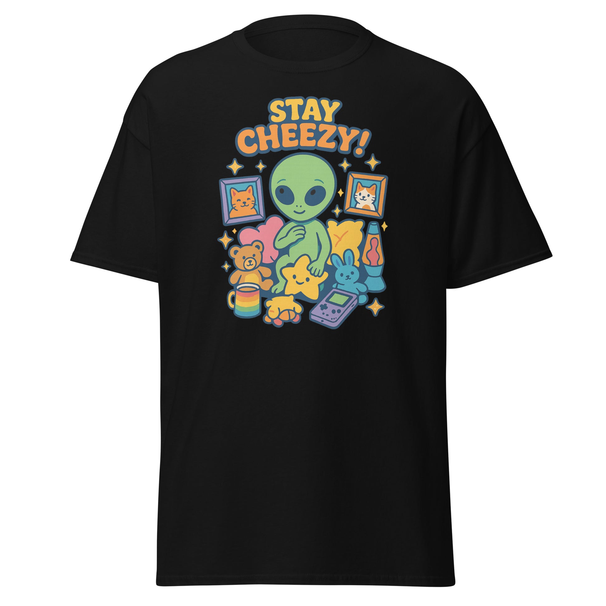 Black t-shirt with colorful graphic and 'Stay Cheezy!' text on a white background