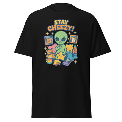 Black t-shirt with colorful graphic and 'Stay Cheezy!' text on a white background