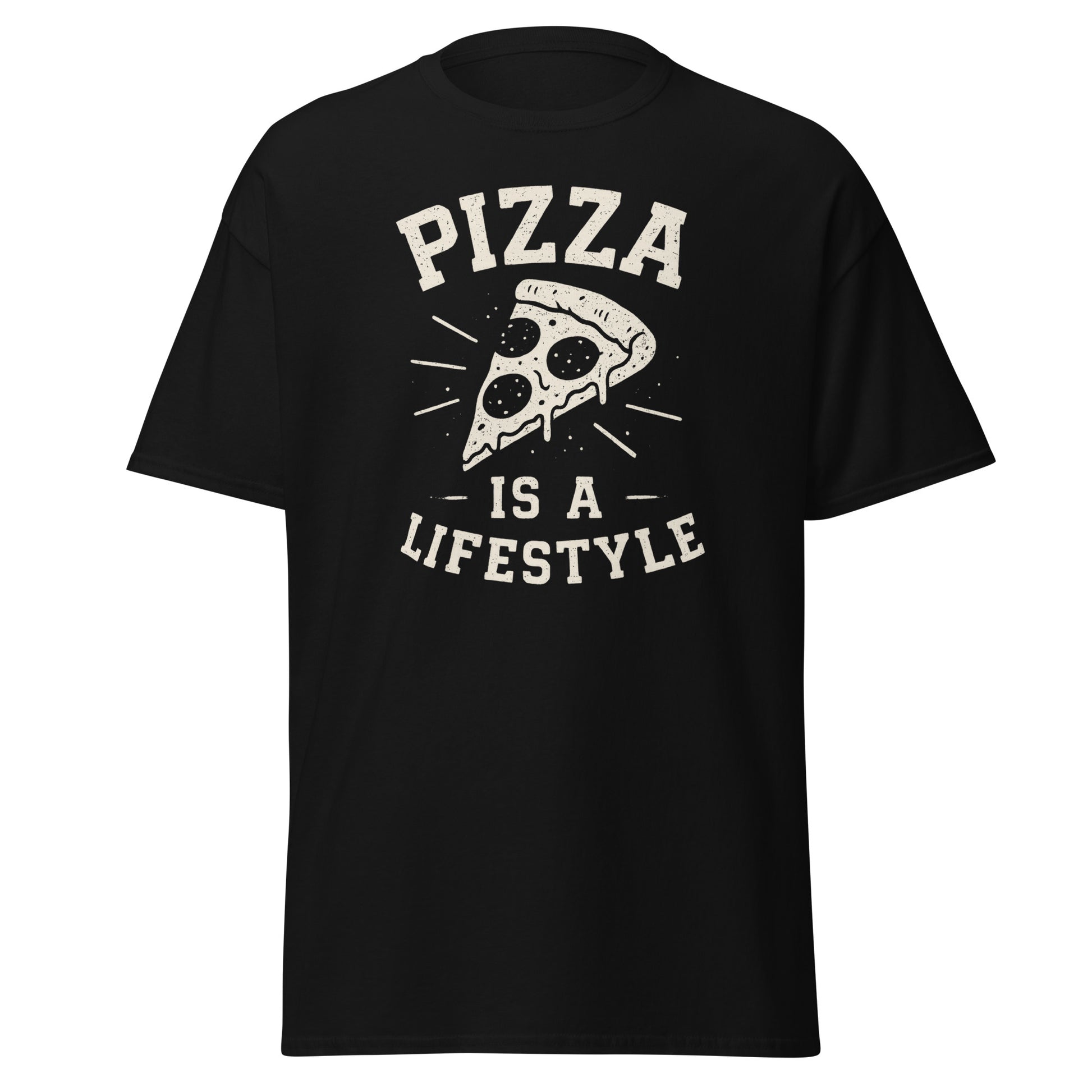 Black t-shirt with 'Pizza is a Lifestyle' graphic design on a white background