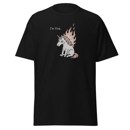 Black t-shirt with a unicorn graphic and 'I'm fine.' text on a white background