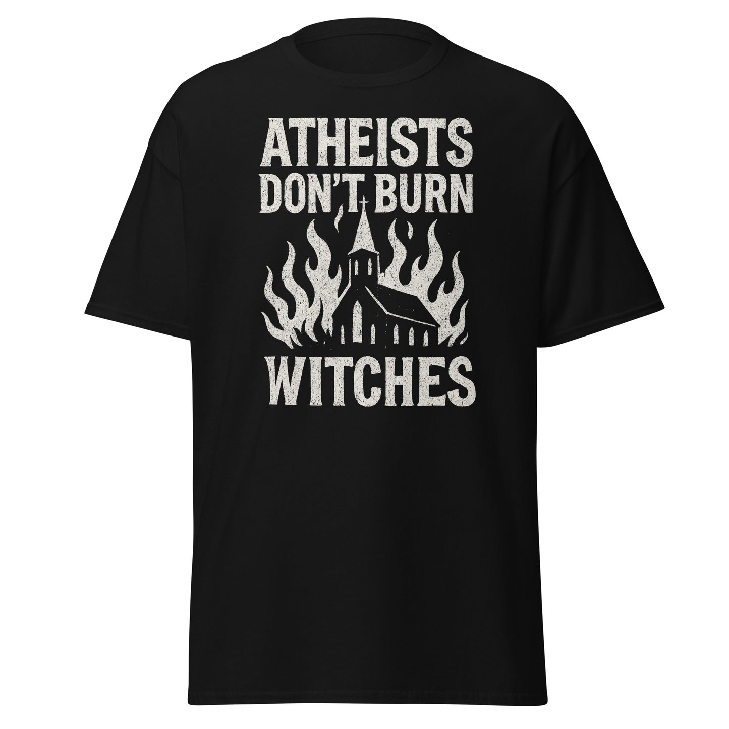Black t-shirt with white text and graphic design on a white background