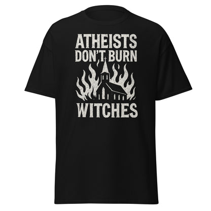 Black t-shirt with white text and graphic design on a white background